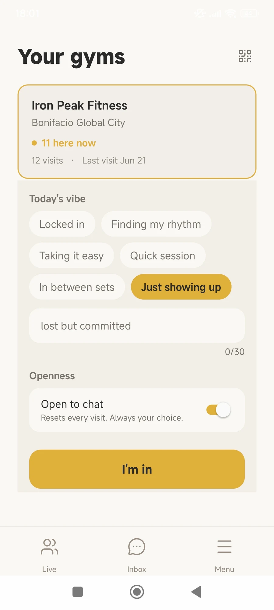 The Spottr check-in screen: choosing a vibe and toggling 'Open to chat' before tapping 'I'm in'