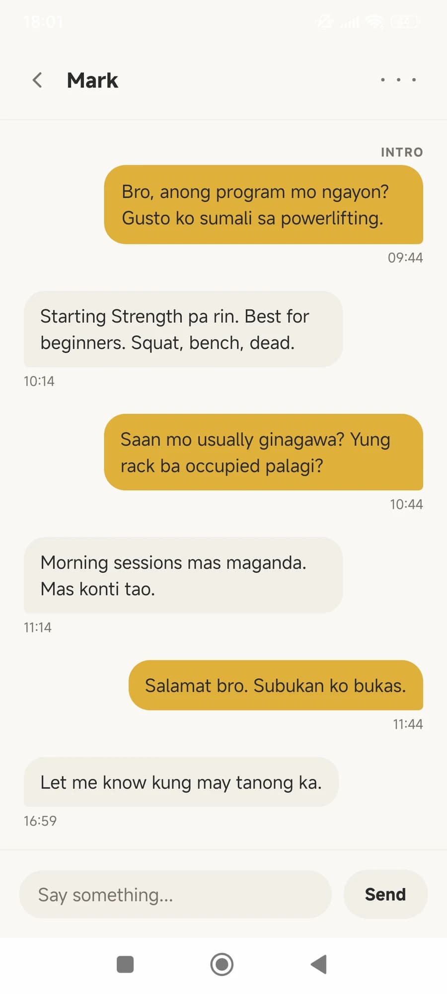 A Spottr conversation that began with a single intro message at the gym
