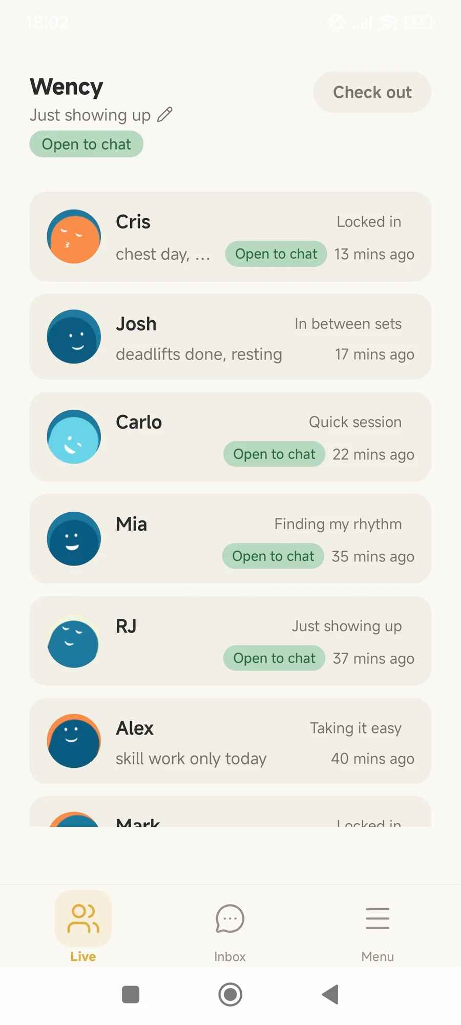The Spottr live list on a phone: members checked in at the gym right now, each with a vibe and an optional 'Open to chat' signal