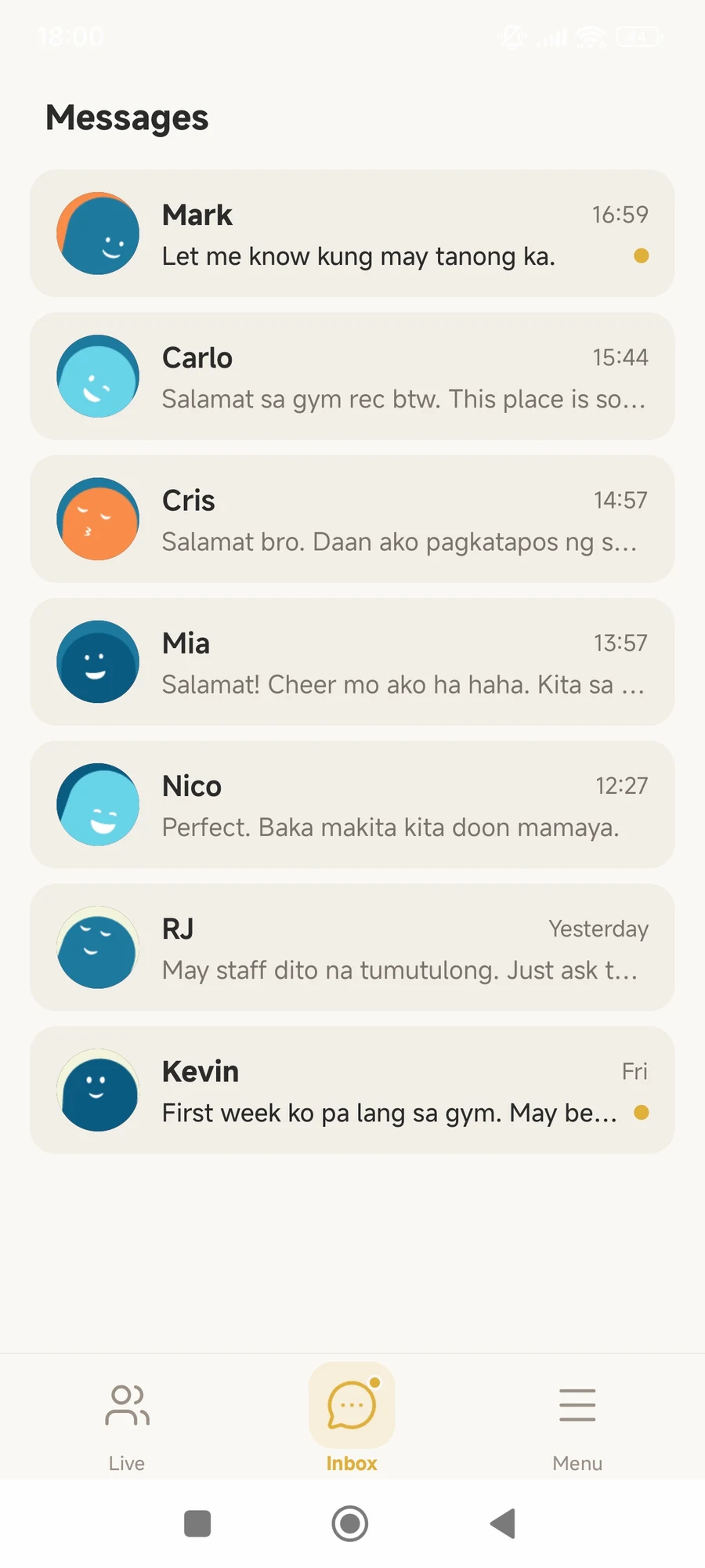 The Spottr inbox listing conversations with other gym members