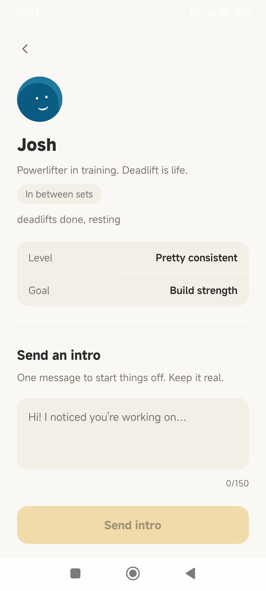 A member's profile in Spottr with a single 'Send an intro' message box