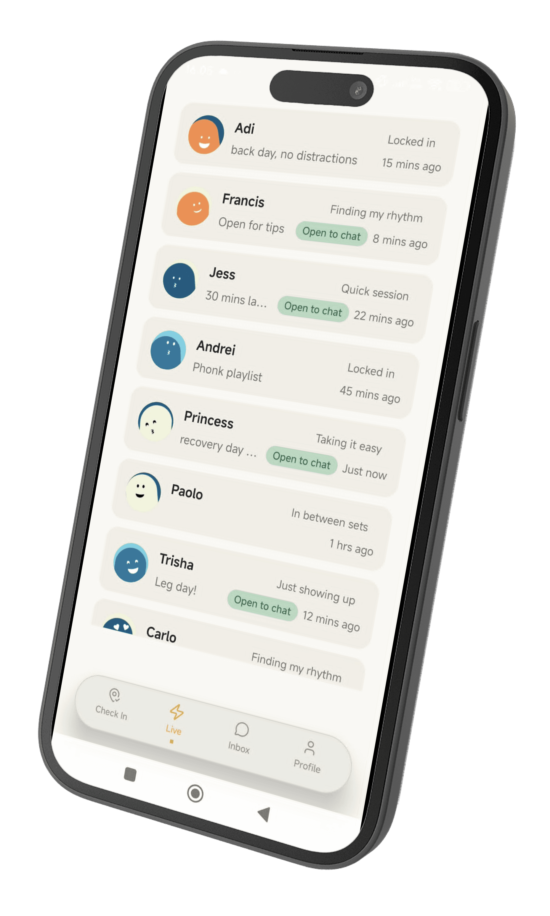The Spottr live list on an iPhone: members at the gym right now, each with a vibe and an optional 'Open to chat' signal